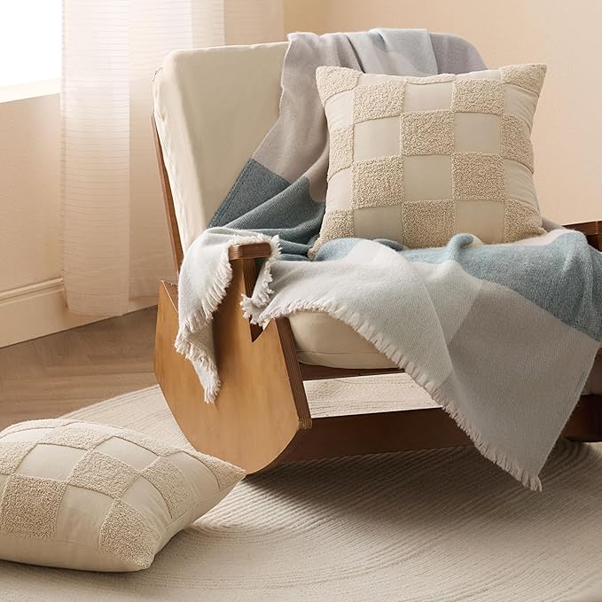 Double Stitch Checkered Throw Pillow Covers - 100% Cotton Set of 2 Tufted Boho Decorative Pillow Covers 18x18, Made in India, Square Cushion Case, Modern Home Decor for Couch, Sofa, Living Room, Oat