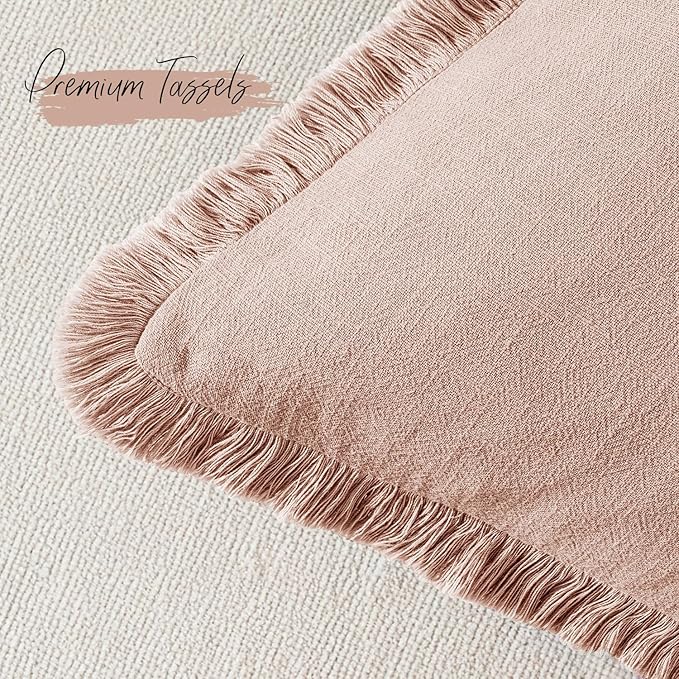 Woaboy Set of 2 Decorative Linen Fringe Throw Pillow Covers Boho Farmhouse Cushion Covers Accent Pillowcases with Tassels for Living Room Couch Sofa Bed Chair,18x18 Inch,Light Pink