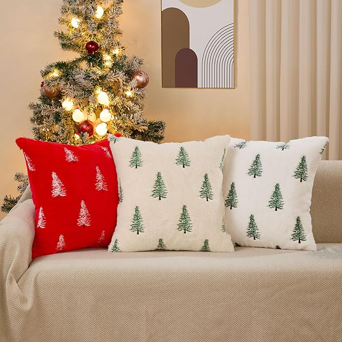 DFXSZ Christmas Pillow Covers 20x20 inch Set of 2 Green Embroidered Christmas Tree Decoration Beige Soft Plush Faux Fur Jacquard Throw Pillows for Bedroom Sofa Holiday Winter Home Decor PTK071C20