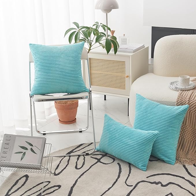 Home Brilliant Teal Throw Pillow Cover Decorative Soft Velvet Striped Corduroy Square Throw Pillow for Couch, 18 x 18 inch(45cm)