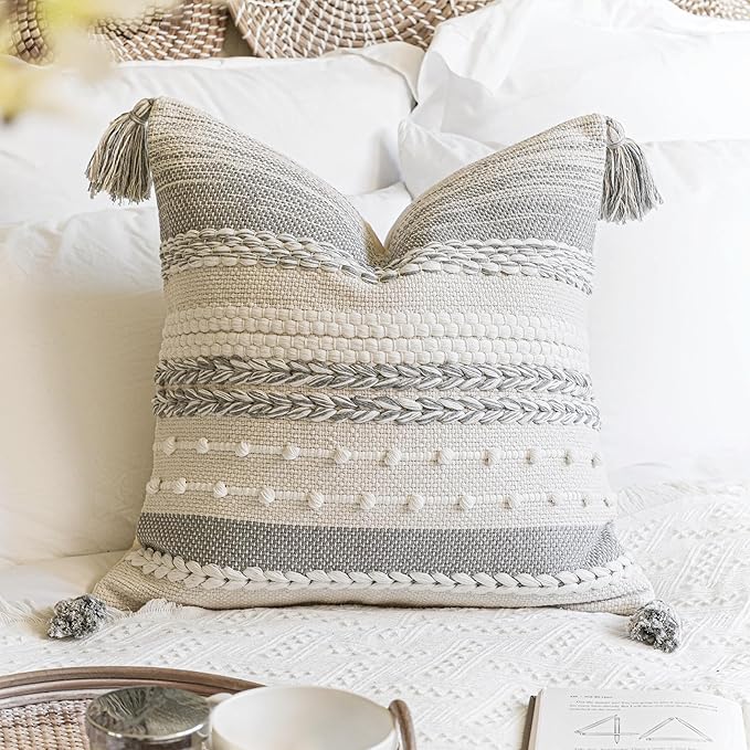 BlissBlush Gray Boho Decorative Throw Pillow Cover 18x18 Square Farmhouse Accent Cushion for Couch Sofa Livingroom Bedroom Pillowcase Modern Home Décor (Pack of 1)