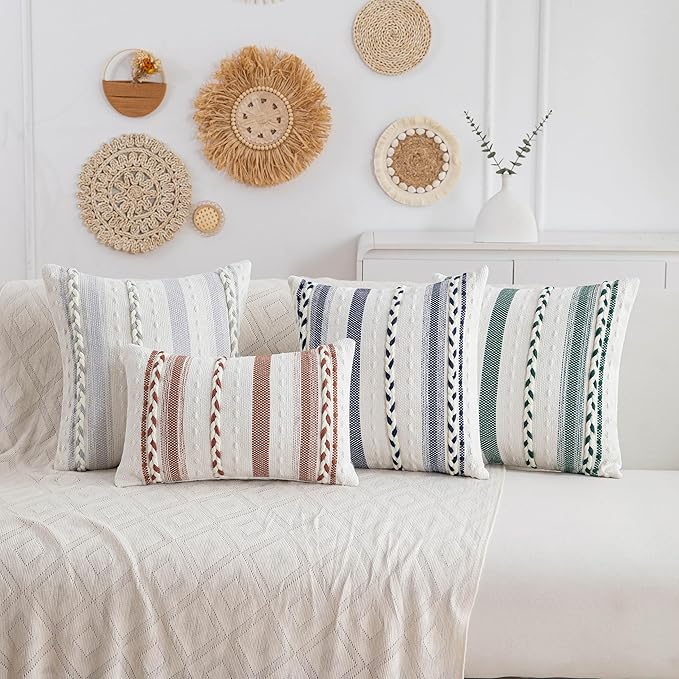 Decorative 2 Packs Boho Burnt Orange Striped Lumbar Pillow Covers 12x20 Inch Coastal Accent Long Throw Pillows, Neutral Farmhouse Textured Throw Pillowcase for Couch Bedroom Living Room Chair