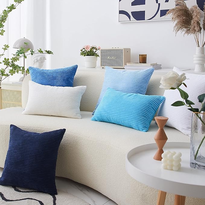 Home Brilliant Blue Throw Pillow for Couch Stripe Velvet Corduroy Euro Sham 24 x 24 Throw Pillow Cover for Sofa, 24 x 24 inch (60cm), Baby Boy Blue