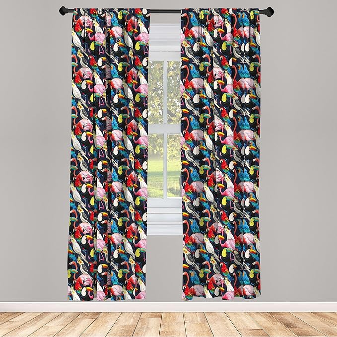 Ambesonne Animal 2 Panel Curtain Set, Colorful Exotic Birds Cockatoo Flamingo Macaw Parrot Toucan Tropic Wildlife Art, Window Treatment Living Room Bedroom Decor, Pair of - 28" x 95", Red Grey