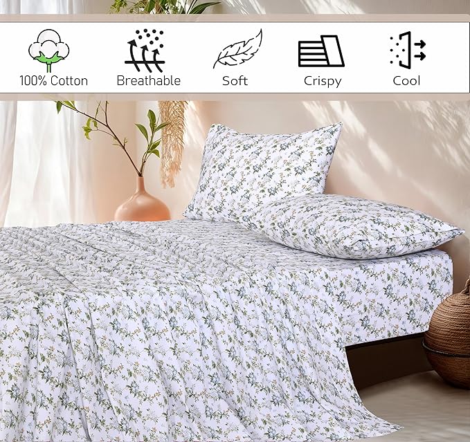 RUVANTI 100% Cotton Twin XL Sheet Sets, 3 Pieces, Soft & Breathable Percale Weave Bedding, Deep Pocket 16", Hotel Standard, Crisp Cool Feel, Durable, Perfect Size Floral Sheets, Heritage