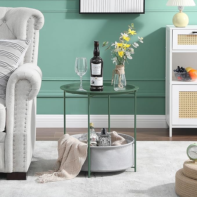 VECELO Round Side/End Table with Fabric Storage Basket，Metal Anti-Rust and Waterproof Small Bedside Nightstand with Removable Tray Top for Living Room，Balcony & Laundry，Dark Green /2pcs with Basket