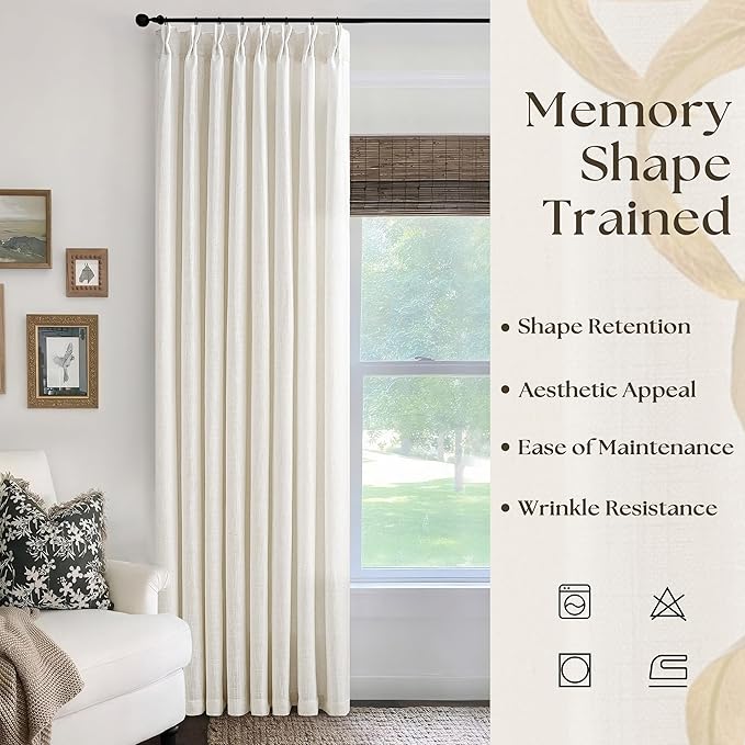 Pinch Pleated Linen Curtains 90 Inches Long for Living Room Cream Ivory Light Filtering Pinch Pleat Hooks Rings Back Tab Neutral Boho Farmhouse 90 Inch Curtain Drapes for Bedroom Window 1 Panel