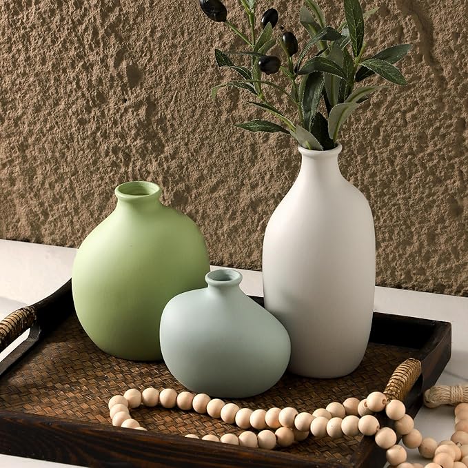Ceramic Vase Set of 3, Rustic Farmhouse Pottery Vases for Home Decor, Perfect for Pampas Grass, Dried or Fresh Flowers, Ideal for Living Room, Bedroom, Kitchen, Bathroom, Bookshelf, Table Centerpiece.