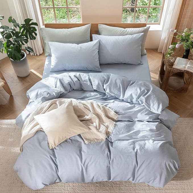MooMee Bedding Duvet Cover Set 100% Washed Cotton Linen Like Textured Breathable Durable Soft Comfy (Heathered Cornflower Blue, Cal King 104"x98")