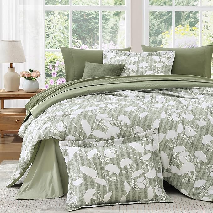 Full Comforter Set -7 Pieces Sage Green Floral Comforter Set for All Seasons, Bed in a Bag Full with Botanical Flowers Comforter, Sheets, Pillowcases & Shams