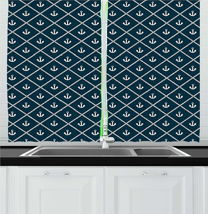 Lunarable Rhombus Print Kitchen Curtains, Nautical Layout of Anchor and Pattern Marine Life Items, Window Drapes 2 Panel Set for Kitchen Cafe Decor, 55" x 24", Dark Petrol Blue Ivory