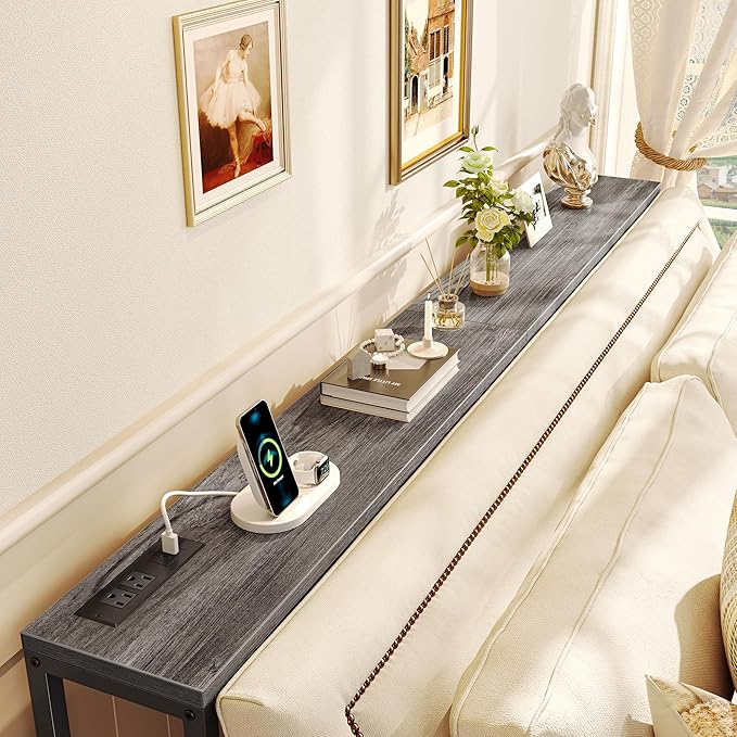 SUPERJARE 70 Inch Console Table with Outlet, Sofa Table with Charging Station, Narrow Entryway Hallway Table, Behind Couch Table, for Living Room, Charcoal Gray