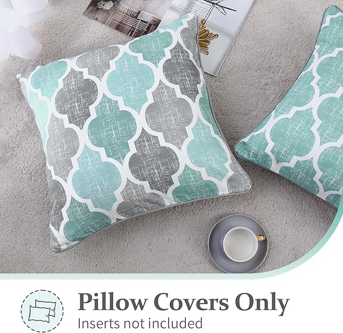 Beauoop Pack of 2 Throw Pillow Cases Covers for Couch Bed Sofa Farmhouse Double Sided Printed Colorful Geometric Trellis Moroccan Pattern Lumbar Pillow Covers, 18 X 18 Inches, Aqua Gray
