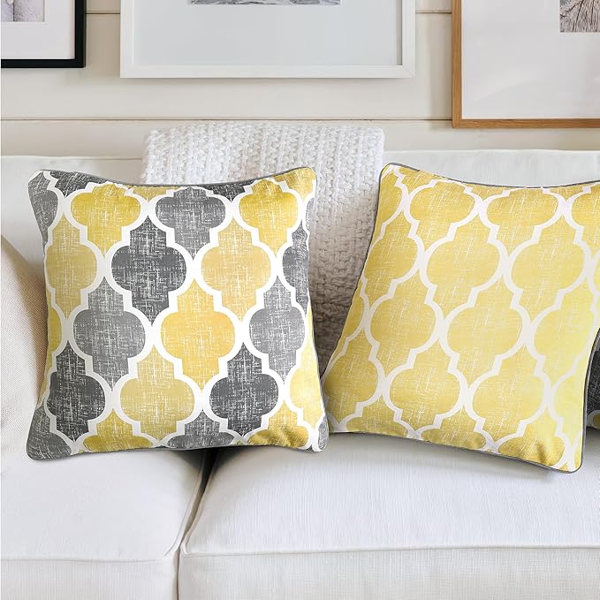 Beauoop Decorative Chenille Throw Pillow Covers with Moroccan Quatrefoil Geometric Double-Sided Print Square Soft Pillow Cases for Couch, Sofa, Living Room, Bedroom, 18"x18", Set of 2, Yellow Gray