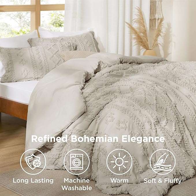 Bedsure Tufted Boho Comforter Set Queen Size - Linen Boho Bed Set, GentleSoft™ 3 Pieces Farmhouse Shabby Chic Embroidery Bedding, Gifts for Woman, Soft Jacquard Queen Comforter for All Seasons