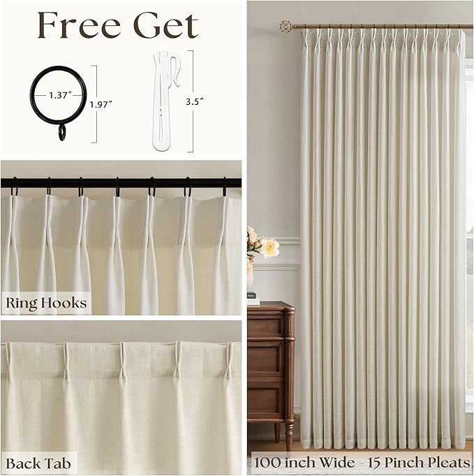 Extra Wide Pinch Pleated Linen Curtains 84 Inches Long for Patio Sliding Glass Door 100 Inch Wide Beige Flax Oatmeal Pleated Drapes with Hooks Rings Semi Sheer 100x84 Curtain for Living Room 1 Panel