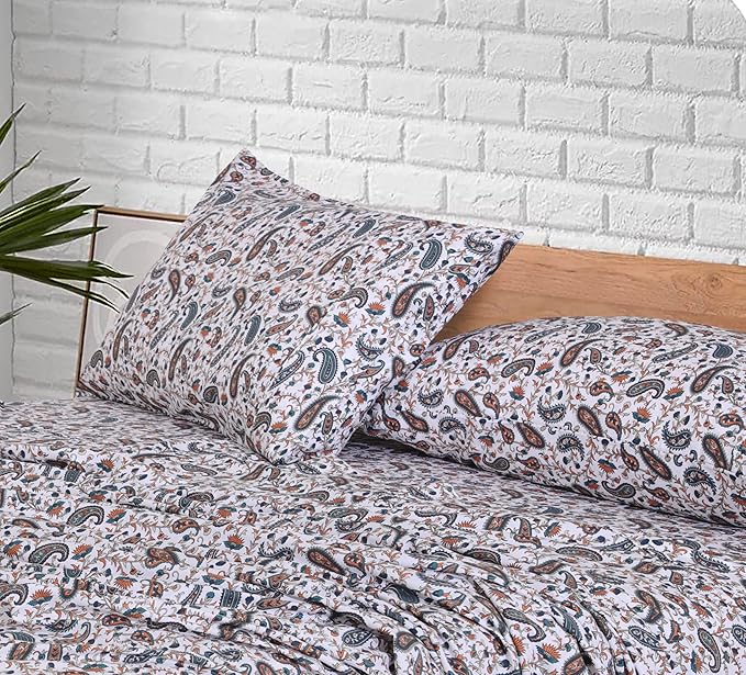 RUVANTI 100% Cotton King Size Sheets Set, 4 Pieces, Soft & Breathable Percale Weave Bedding, Deep Pocket 16", Hotel Standard, Crisp Cool Feel, Durable, Perfect Floral Bed Sheet, Teal Paisley
