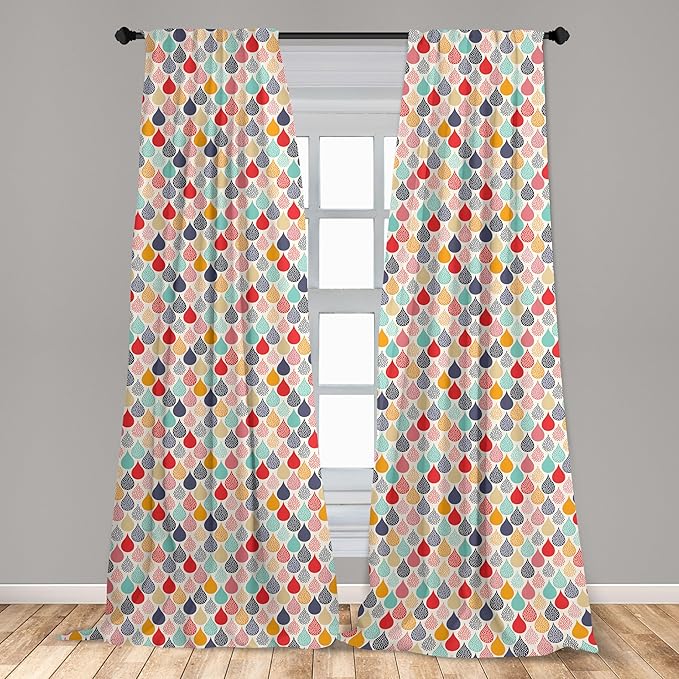 Ambesonne Geometric Window Curtains Pack of 2, Raindrops Doodle Style Creative Leaf Shaped Colorful Girls Theme, Lightweight Set with Rod Pocket, 4 Panels of - 28" x 63", Teal Coral