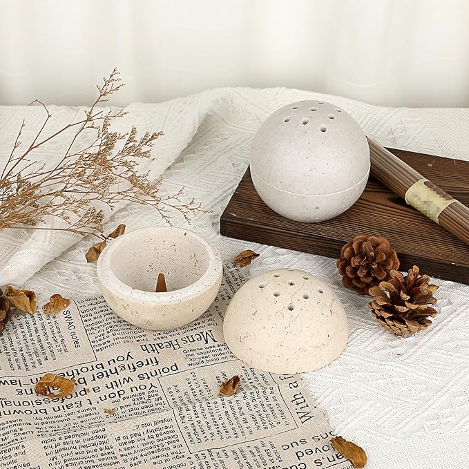 ELLDOO Natural Travertine Incense Cone Holder, Home Decor Handmade Ball Shape Incense Burner for Yoga Meditation SPA Reading, Beige