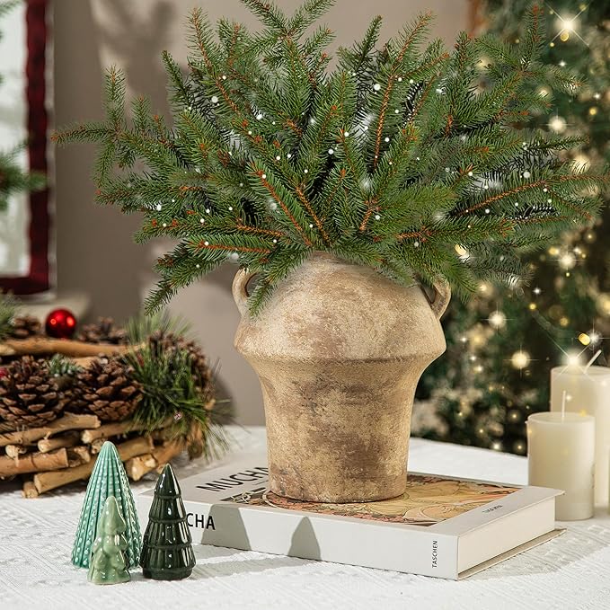 Christmas Decorative Vase, Ceramic Rustic Flower Vases, 7 Inch Terracotta Vintage Vases with Hadle for Home Decor, Farmhouse Living Room Shelf Decor Farmhouse Table, Lyeec