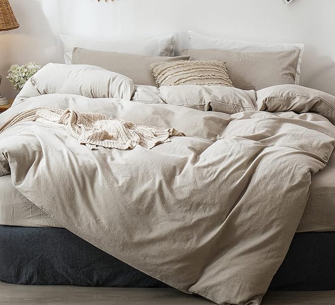 MooMee Bedding Duvet Cover Set 100% Washed Cotton Linen Like Textured Breathable Durable Soft Comfy (Heathered Tannish Linen Grey, Twin 68"x90")