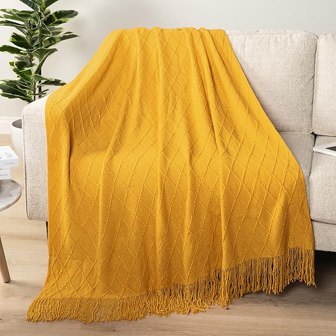 PAVILIA Mustard Yellow Knit Throw Blanket for Couch Bed, Soft Knitted Farmhouse Sofa Throw for Living Room, Lightweight Decorative Fall Throw Blanket for Chair, Outdoor Textured Boho Blanket, 50x60