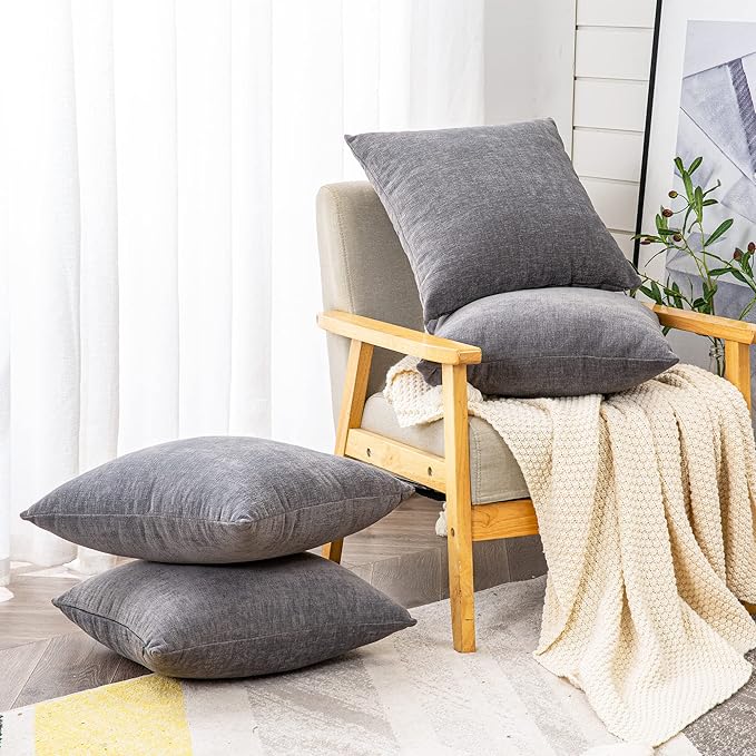 GAWAMAY Decorative Square Throw Pillow Covers 18"x18" Inch Set of 4, Super Soft Chenille Pillows Cover Fall Pillowcase for Living Room Bedroom Sofa Couch Cushion Cover Grey 45x45cm (No Insert)