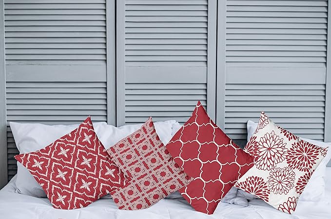 Ambesonne Vintage Throw Pillow Cushion Case Pack of 4, Monochrome Design Grid Trellis Quatrefoil Mesh and Dahlia Flowers Modern Print, Modern Accent Double-Sided Digital Printing, 20", Ruby and White