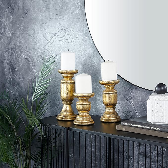 Deco 79 Mango Wood Decorative Candle Holder Turned Style Pillar Candle Stand, Set of 3 Candlestick Holder 10", 8", 6" H, Gold| (Pack of 6)