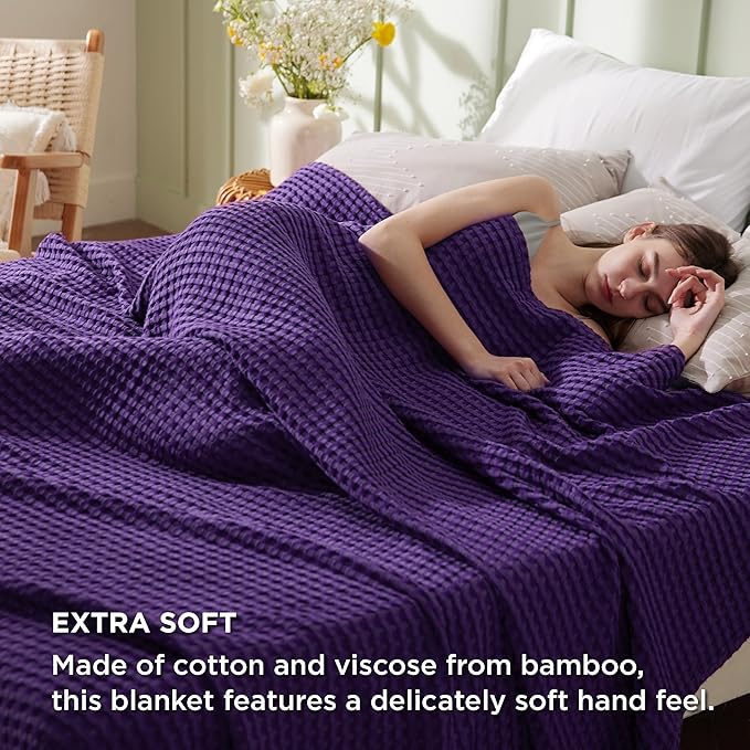 Bedsure Cooling Cotton Waffle King Size Blanket - Lightweight Breathable Blanket of Rayon Derived from Bamboo for Hot Sleepers, Luxury Throws for Bed, Couch and Sofa, Purple, 104x90 Inches