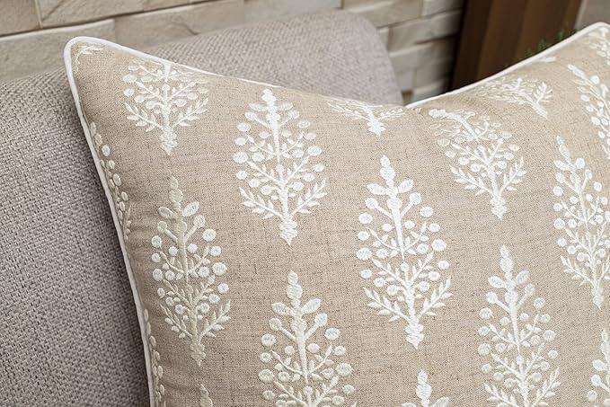 Chandni Paiseley Embroiderd Decorative Square Accent Throw Pillow Cover - Sofa, Chair, Couch, Bedroom, Living Room, Farmhouse Home Decor - 18x18 Inches-Natural