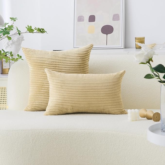Home Brilliant 2 Pack 24x24 Pillow Shams Striped Corduroy Textured Velvet European Sham Throw Pillowcase for Bed Decorations, 24 x 24 inch, Taupe