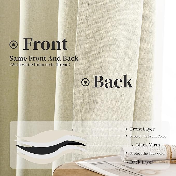 KangBang Extra Long Blackout Linen Ceiling Curtains 108 Inches Long, Sun Blocking Linen Curtains in Soft Cream Ivory, Noise Reducing Black Out Drapes for Large Window Track System,52x108 Inch,2PCs