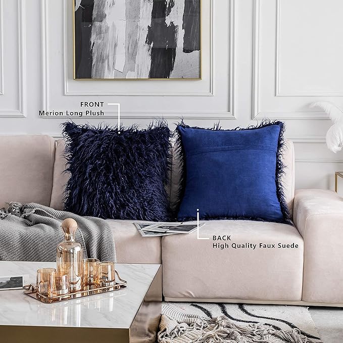 Home Brilliant Navy Blue Throw Pillows Covers 20 x 20 Set of 2 Holiday Soft Fur Pillow Covers Decorative for Couch Sofa Beach Party, 20x20 Inches, Navy Blue