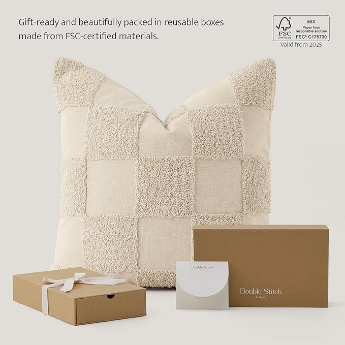 Double Stitch Checkered Throw Pillow Covers - 100% Cotton Set of 2 Tufted Boho Decorative Pillow Covers 20x20, Made in India, Square Cushion Case, Modern Home Decor for Couch, Sofa, Living Room, Beige