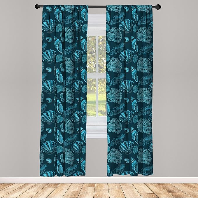 Ambesonne Scallop Window Curtains, Repetitive Seashell Aquatic Underwater Sea Creatures Pattern, Lightweight Decor 2-Panel Set with Rod Pocket, Pair of - 28" x 84", Blue Petrol