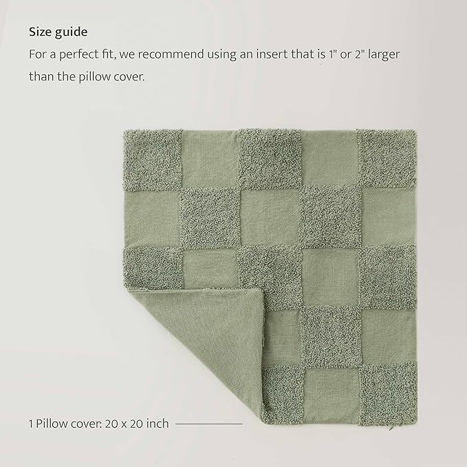 Double Stitch 100% Cotton Throw Pillow Covers - Checkered Tufted Boho Decorative Pillow Covers 20x20, Made in India, Square Cushion Case, Modern Home Decor for Couch, Sofa, Living Room, Sage Green
