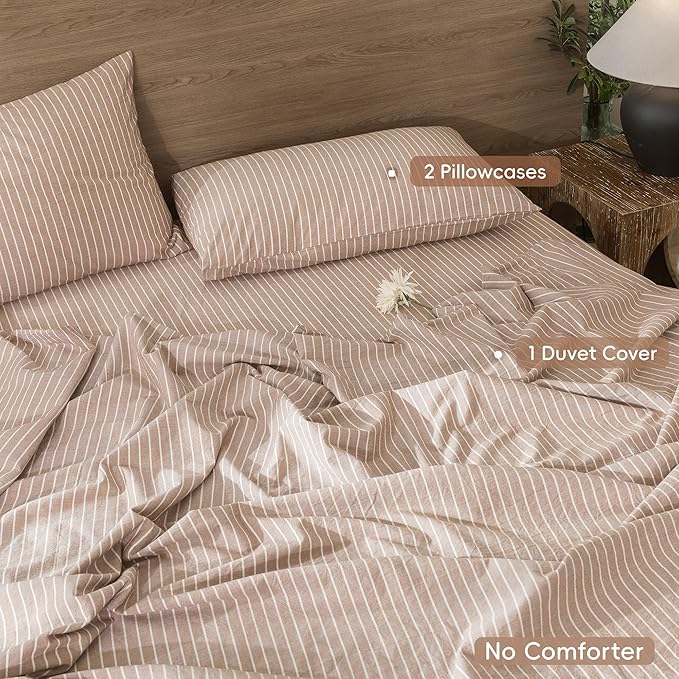 MooMee Striped Duvet Cover Set 100% Washed Cotton Linen Like Textured Breathable Durable Soft Comfy (Orange White Wide Stripes, Queen 90"x90")