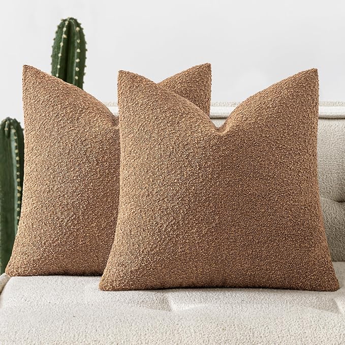 Woaboy Pack of 2 18x18 Inch Decorative Boucle Throw Pillow Covers Textured Square Pillowcaes Accent Solid Cozy Soft Cushion Covers Home Decor for Sofa Couch Living Room Home Decor,Brown