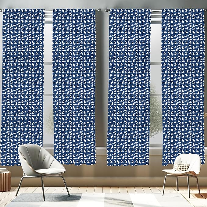 Ambesonne Shark Window Curtains Pack of 2, Fish Pattern Various Gestures Have a Bite Danger Humor Nautical Design, Lightweight Set with Rod Pocket, 4 Panels of - 28" x 95", Violet Blue