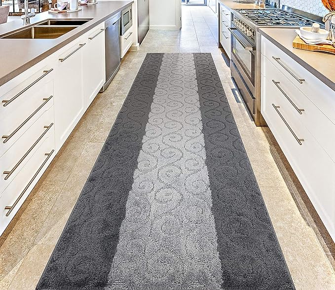 Custom Size Modern Runner Rug Carpet for Hallway Entryway Foyer Kitchen, Slip Resistant Latex Rubber Backed 31 inch Wide X Customized Length, Scroll Grey, 31 inch X 13 feet