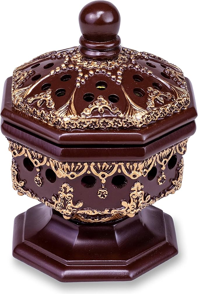 AM Lux Octagon Incense Burner – Bakhoor & Cone Holder | Charcoal Resin Burner for Frankincense, Myrrh & Aromatherapy | Decorative Mabkhara for Home, Office & Meditation Room Decor | Gift Box (Brown)