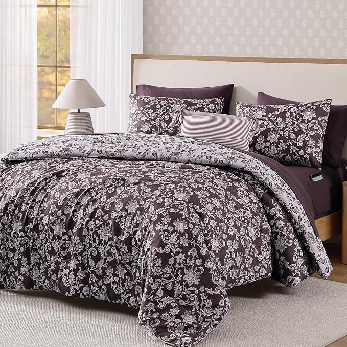 Full Comforter Set -7 Pieces Floral Dark Purple Comforter Set for All Seasons, Bed in a Bag Full with Botanical Flowers Comforter, Sheets, Pillowcases & Shams