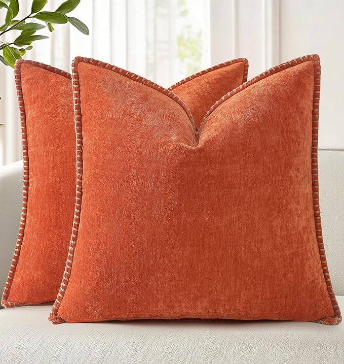 decorUhome Fall Chenille Soft Throw Pillow Covers 22x22 Set of 2, Farmhouse Velvet Neutral Decorative Euro Pillow Covers with Stitched Edge for Couch Sofa Bed Home Decor, Rust