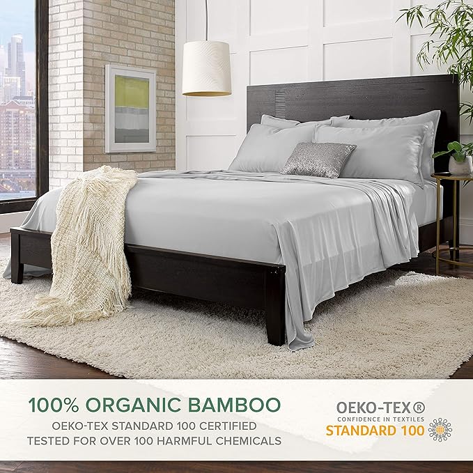 Short Queen Sheets by Pure Bamboo for RV Camper (60"x75") - Genuine 100% Organic Viscose Derived from Bamboo Bed Sheet Set, Soft & Cooling, Lifetime Quality Promise (Short Queen, Silver Pearl)