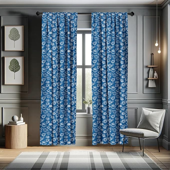 Ambesonne Teapot Window Curtains, Rhythmic Engraving Sketch Style Dotted Pots Tea Vintage Cups Pattern, Lightweight Decor 2-Panel Set with Rod Pocket, Pair of - 28" x 95", Cobalt Blue and White