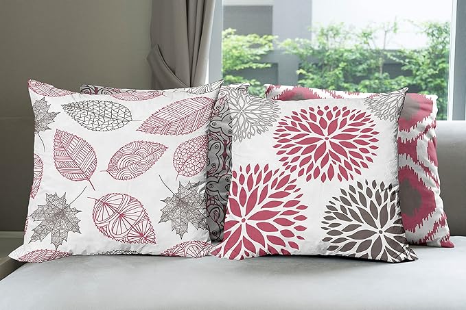 Ambesonne Vintage Throw Pillow Cushion Case Pack of 4, Bohemian Ornamental Leaves Dahlia Pattern Geometric Art Curlicue Motif, Modern Accent Double-Sided Digital Printing, 24", Raspberry Taupe White