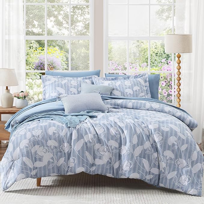 Queen Comforter Set -7 Pieces Blue Floral Comforter Set for All Seasons, Bed in a Bag Queen with Botanical Flowers Comforter, Sheets, Pillowcases & Shams
