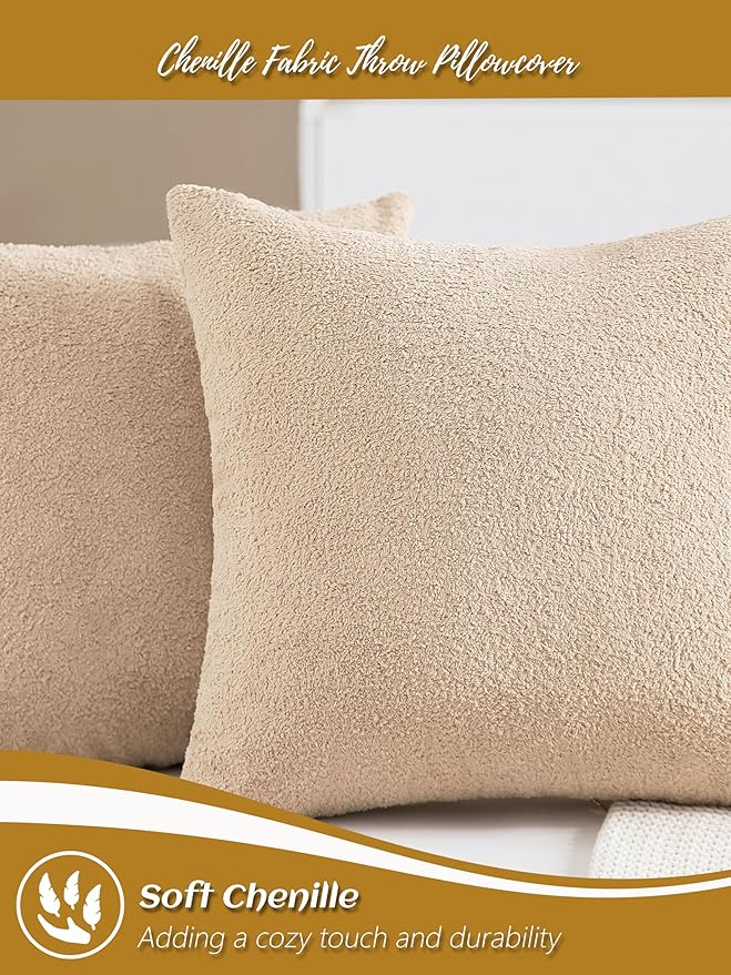 2 Packs Decorative Neutral Camel Textured Chenille Throw Pillow Covers 20x20 Inch Solid Farmhouse Boucle Couch Pillows, Modern Soft Velvet Pillowcase Cushion Covers for Living Room Home Decor