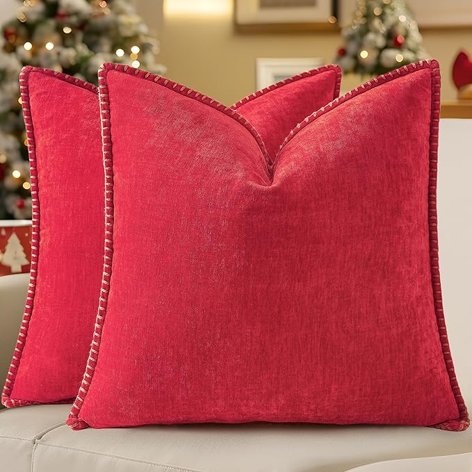 decorUhome Christmas Chenille Soft Throw Pillow Covers 20x20 Set of 2, Farmhouse Velvet Neutral Decorative Euro Pillow Covers with Stitched Edge for Couch Sofa Bed Home Decor, Red